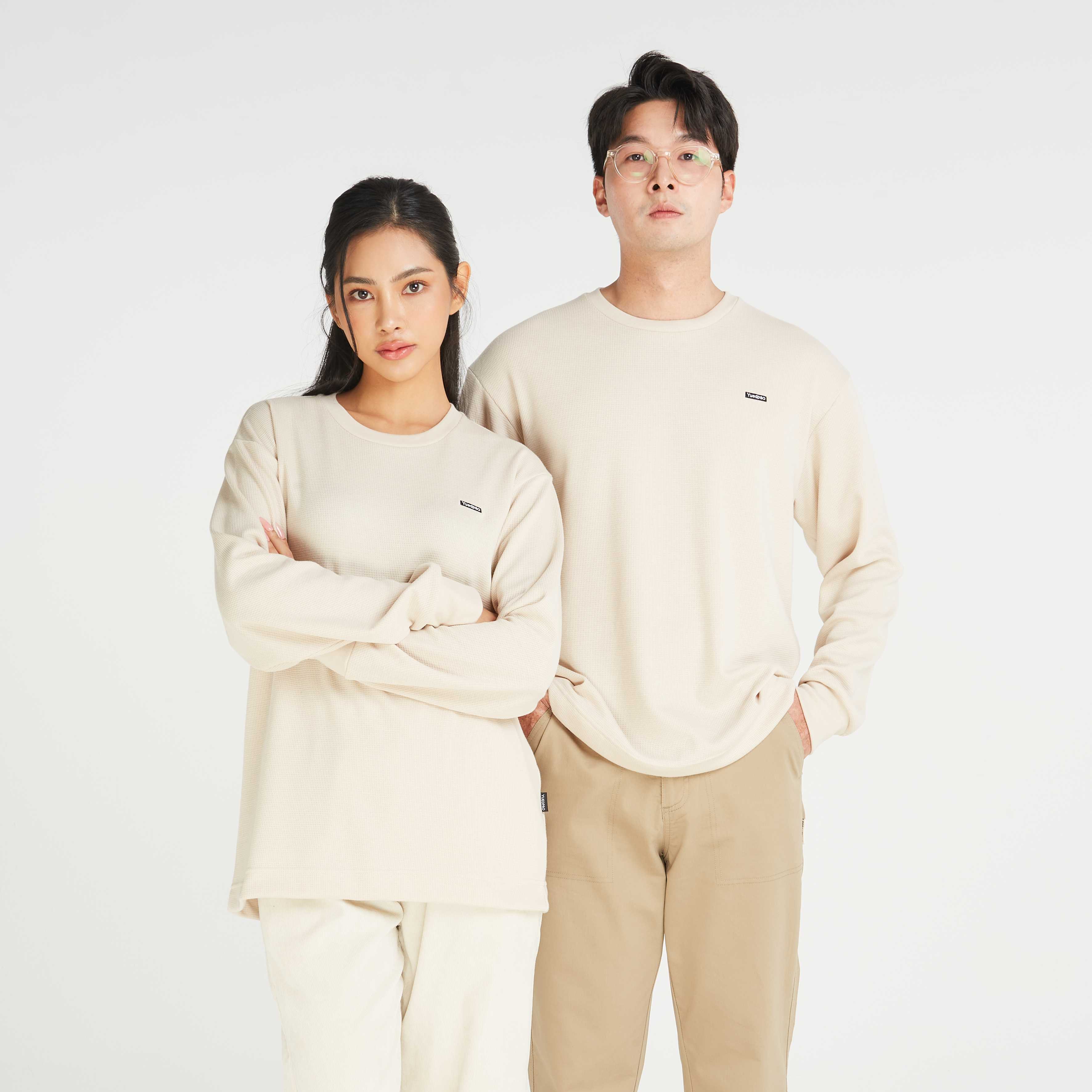 Yuedpao รับประกันไม่ย้วย 2 ปี  เสื้อยืดเปล่า เสื้อSWEATER รุ่น Waffle LongSleeve สี Butter Cream