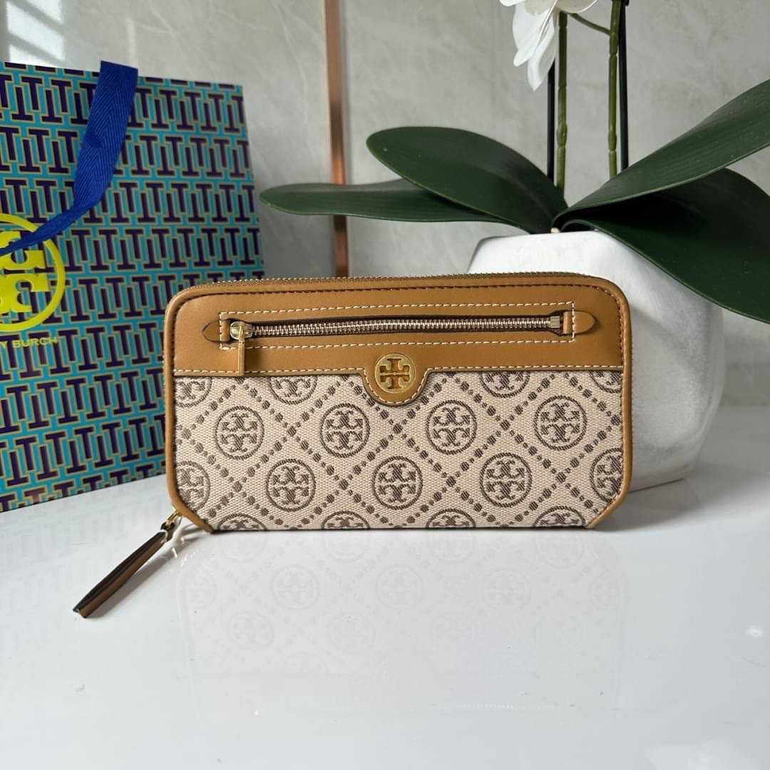 Tory Burch T Monogram Jacquard Zip Continental Wallet 79383 / Hazelnut