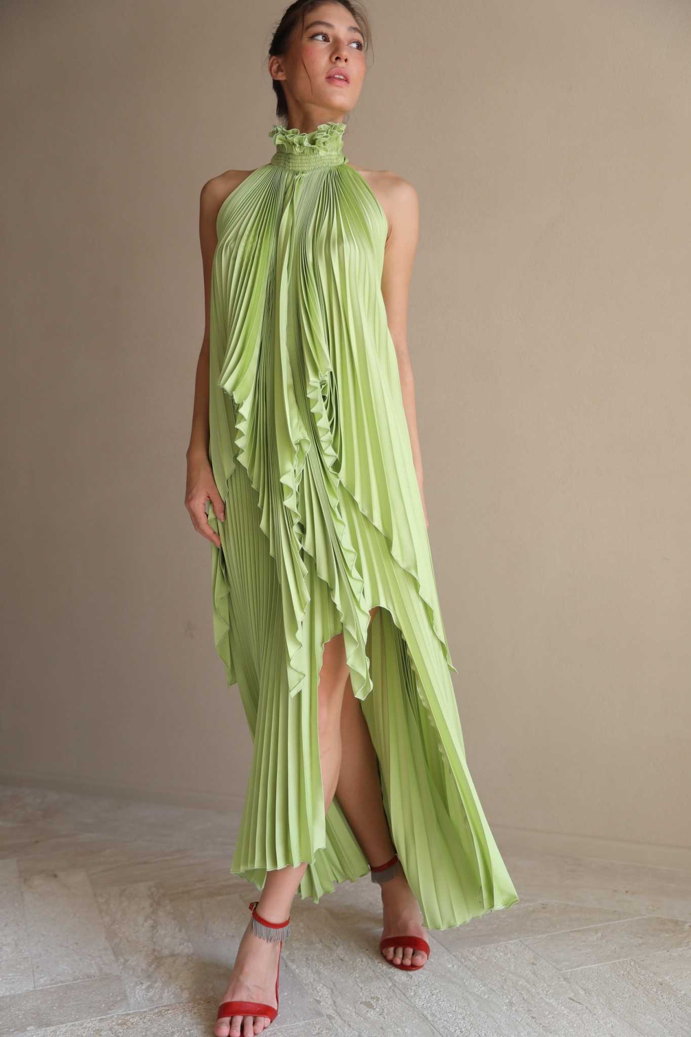 Ruffle Neck Open Back Set( Top & Skirt) - New Green Tea