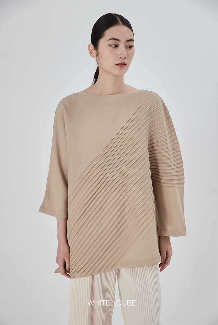 split-sleeved shirt Miyake style pleated top asymmetrical retro high-grade pleated shirt female