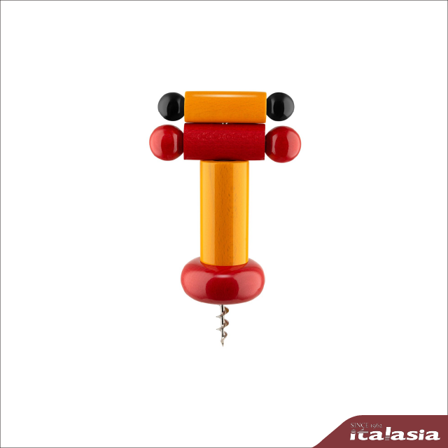 Corkscrew in beech-wood, yellow, red and black. Alessi