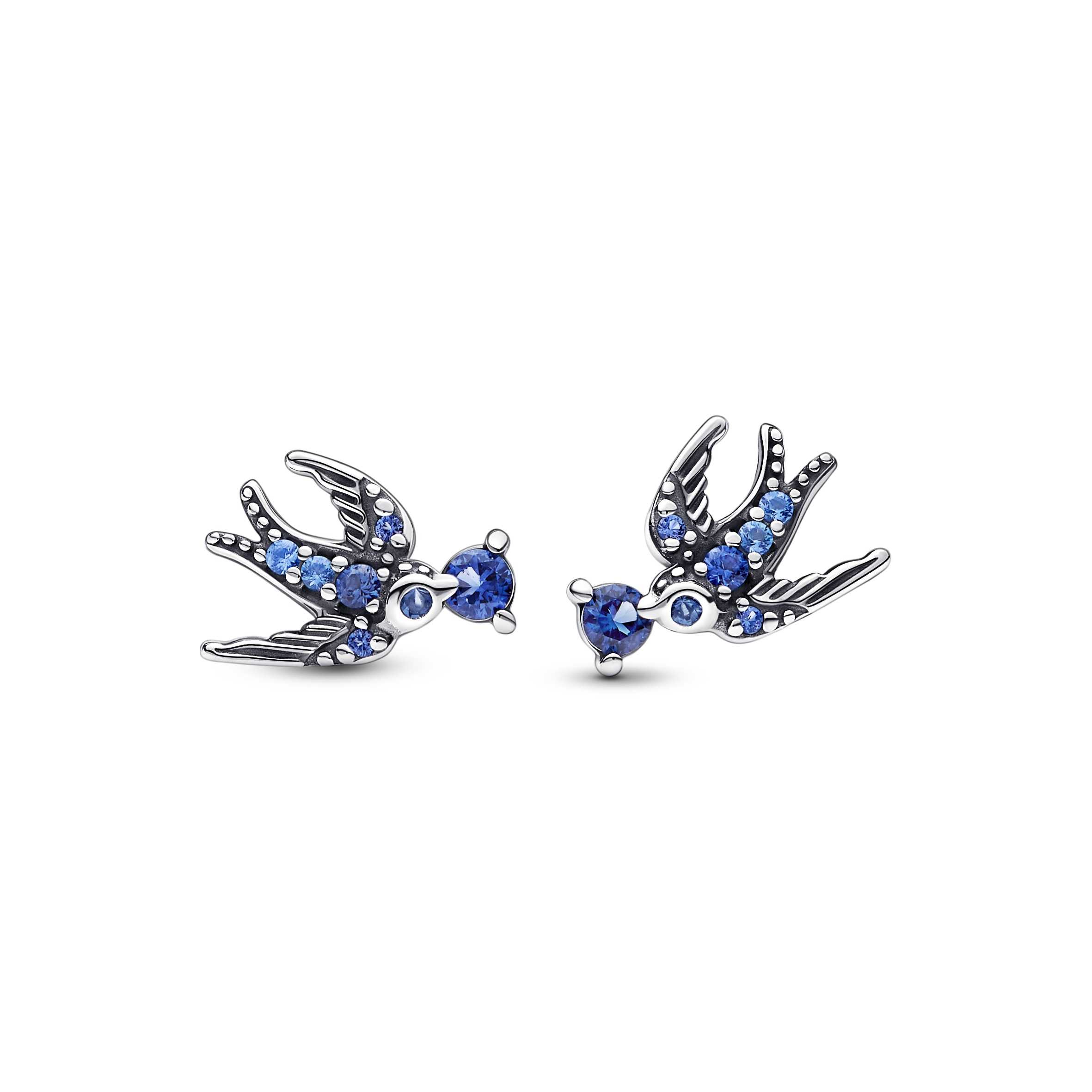 Swallows sterling silver stud earrings with night blue, skylight blue and stellar blue crystal