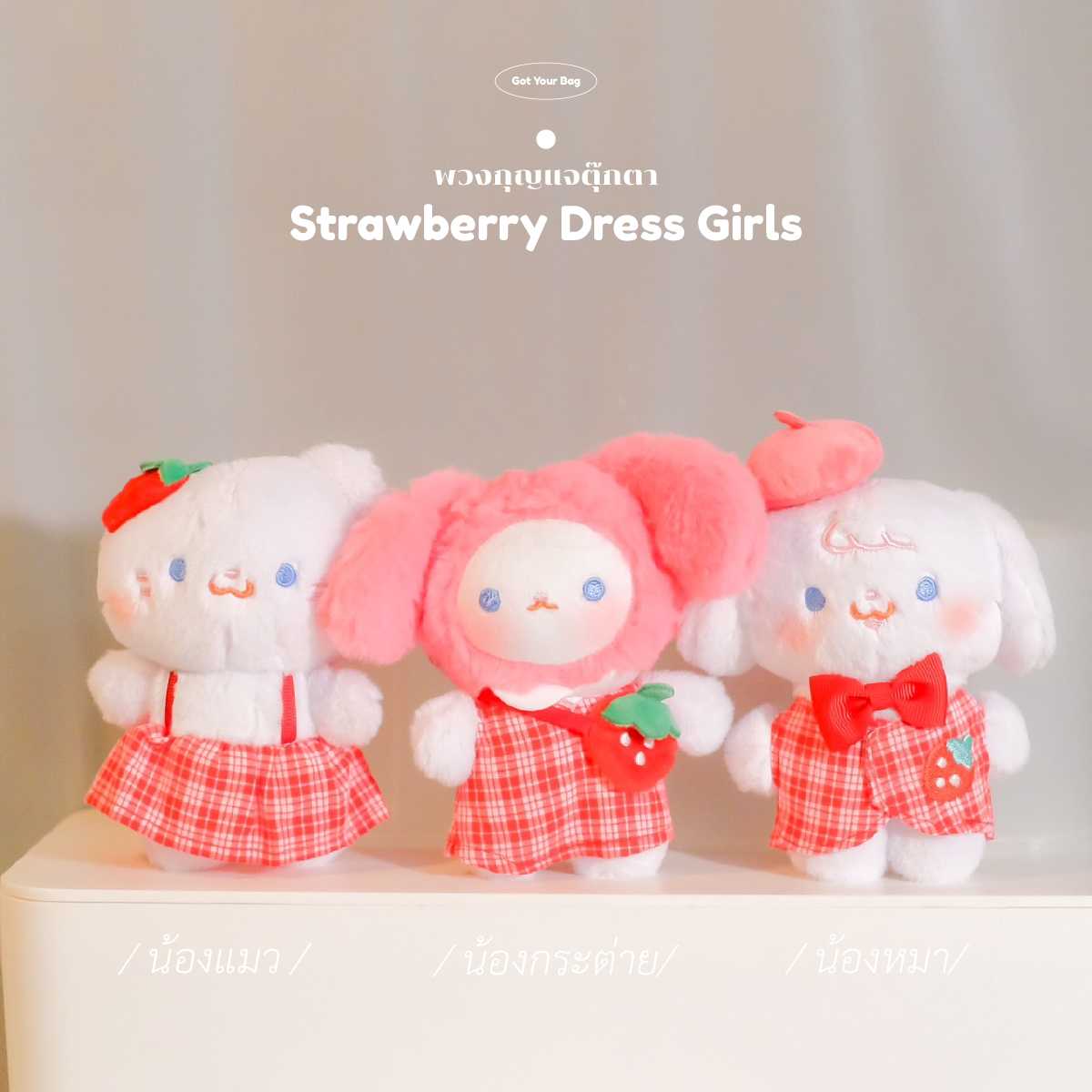 (พร้อมส่ง) พวงกุญแจน้องกระต่าย แมว หมาน่ารัก Strawberry Dress Girls