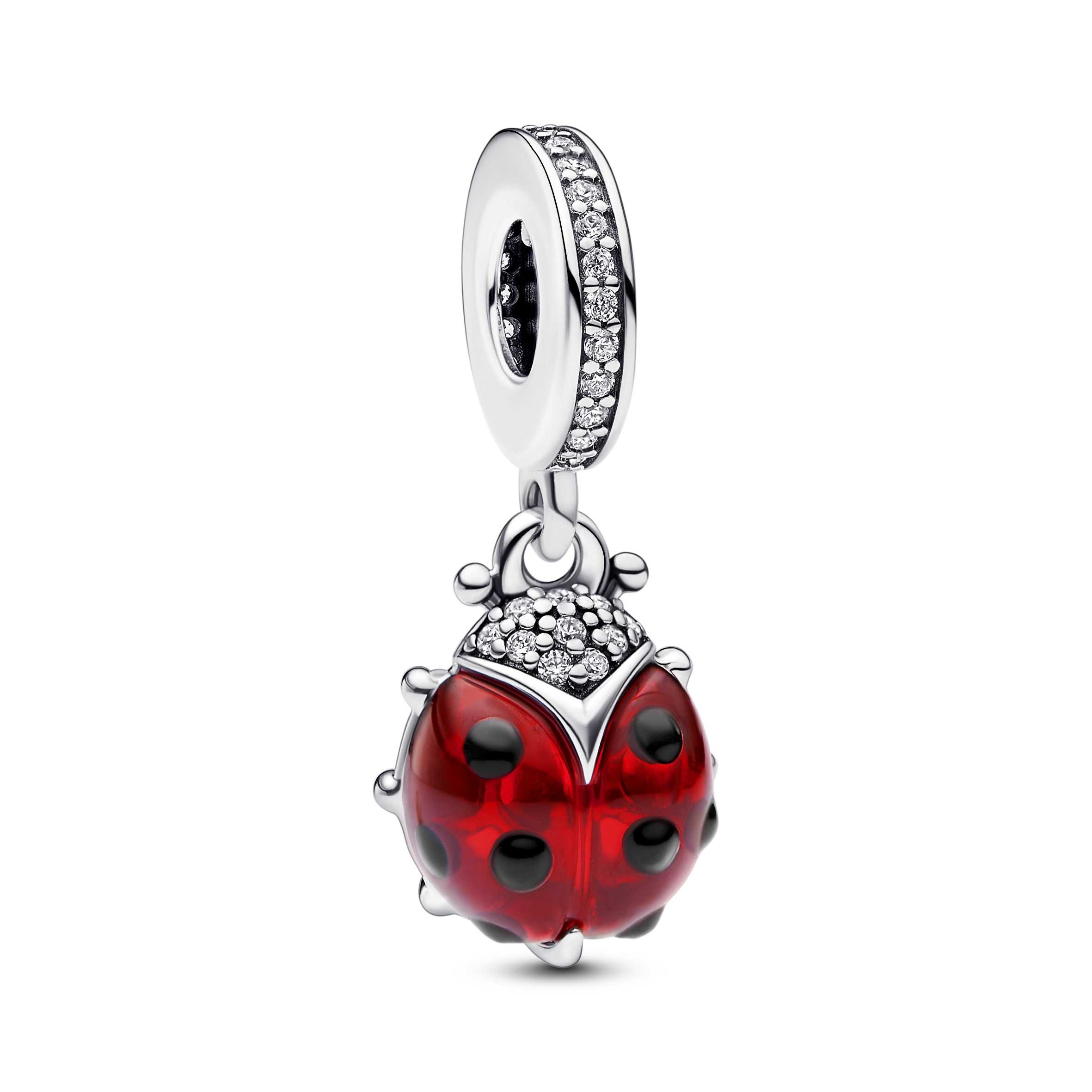 Ladybug sterling silver dangle with salsa red crystal, clear cubic zirconia and black enamel