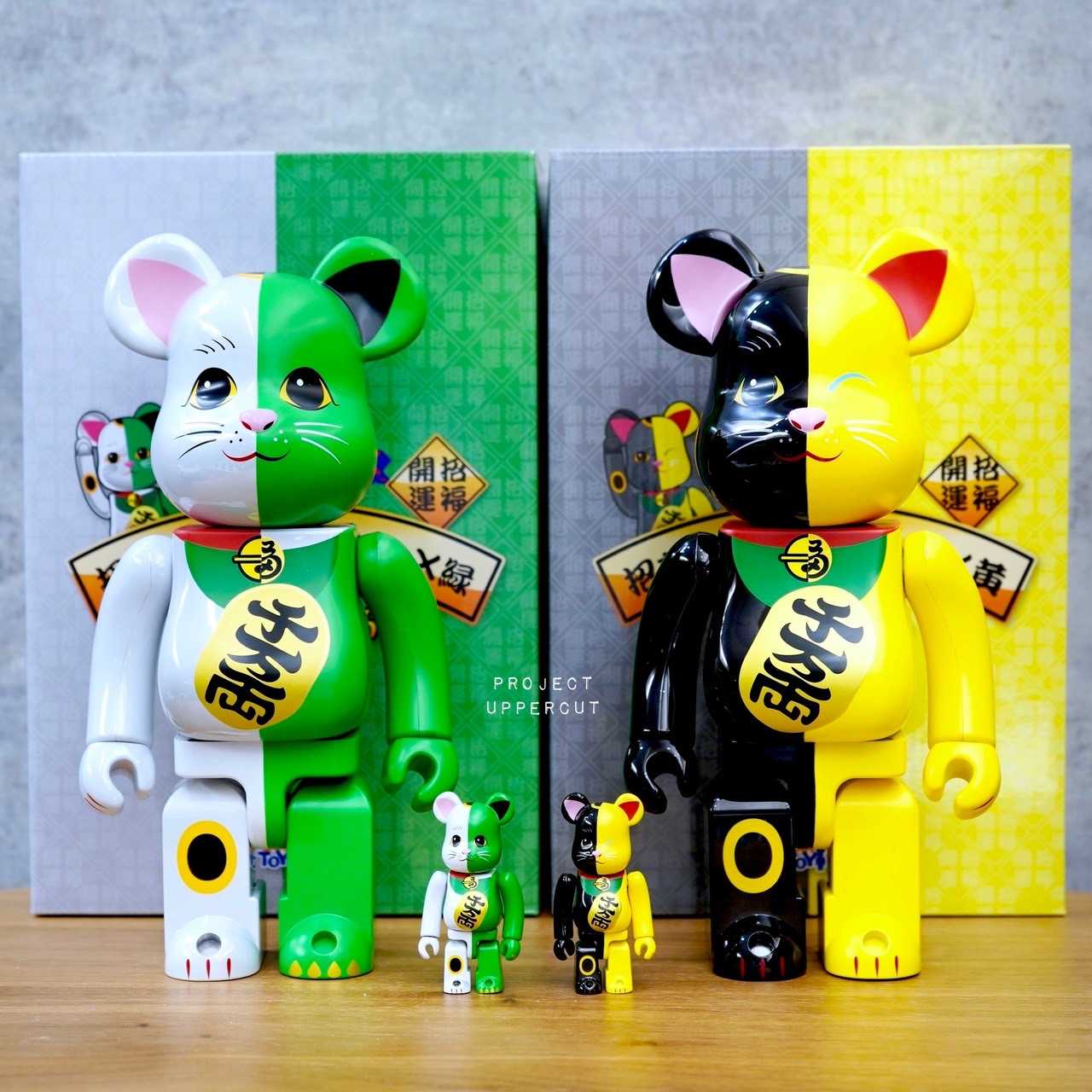 BE@RBRICK 400%+100% MANEKI NEKO - White x Green & Black x Yellow (Set) [New]