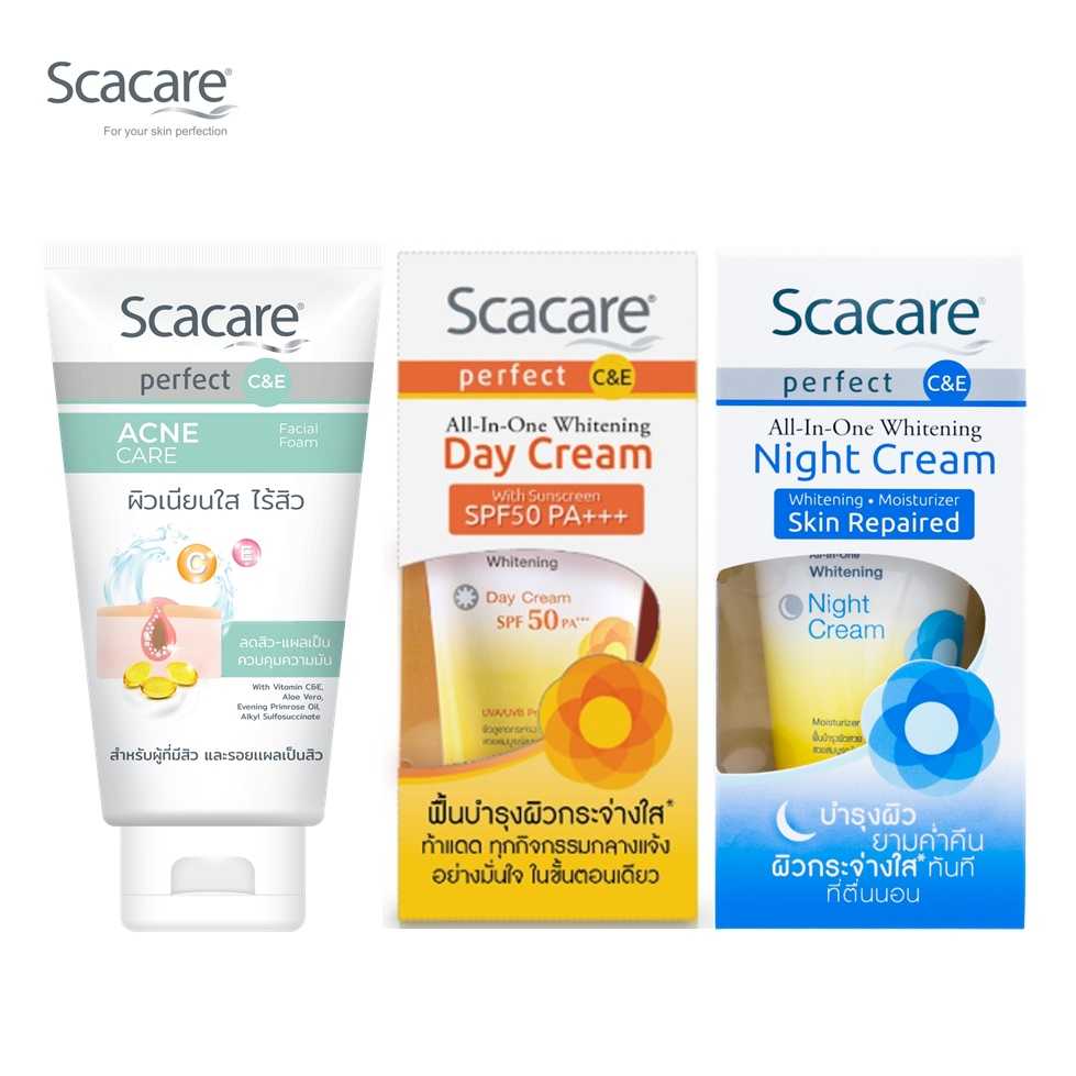 Scacare  เพอร์เฟ็คท์ ชุดโฟมล้างหน้าแอคเน่แคร์ 100 ก.X1+เดย์ครีม SPF50PA+++30ก.X1+ไนท์ครีม 30ก. X1