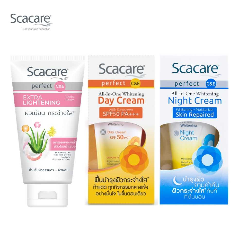 Scacare เพอร์เฟ็คท์ ชุดโฟมล้างหน้าไลท์เทนนิ่ง 100ก.X1+เดย์ครีม SPF50PA+++30ก.X1+ไนท์ครีม 30ก.X1