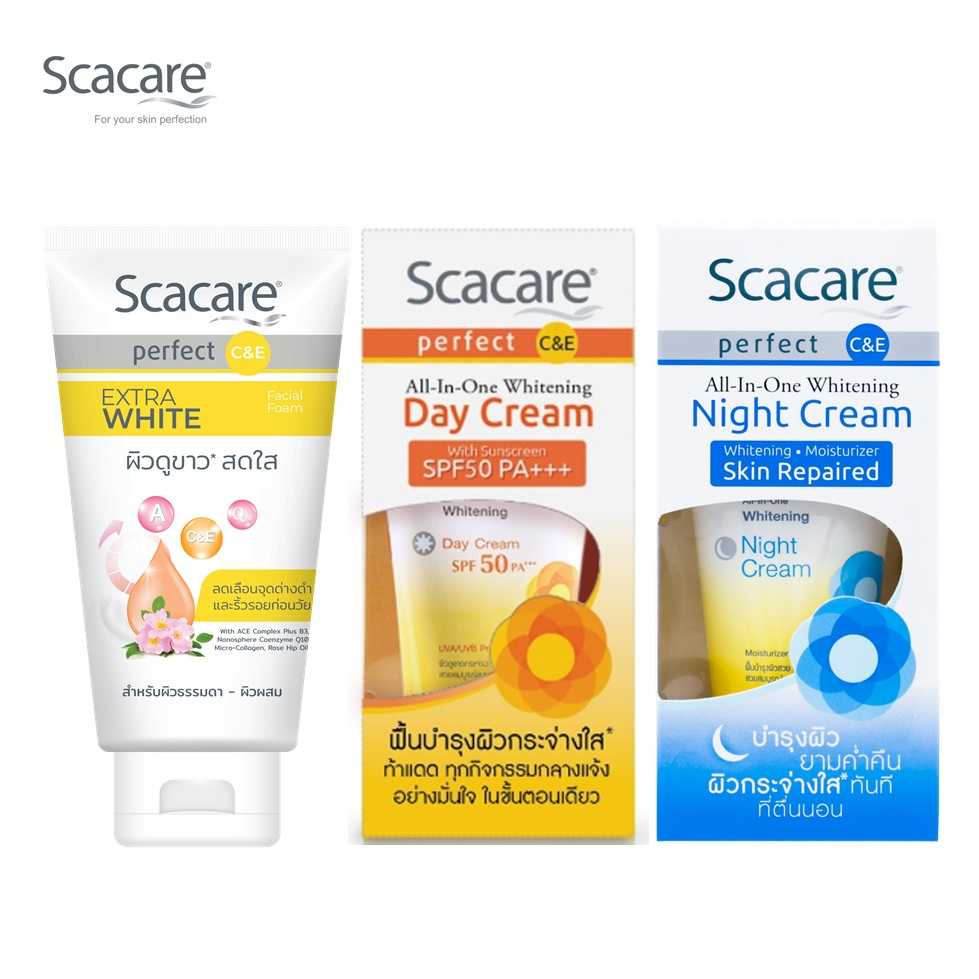 Scacare  เพอร์เฟ็คท์ ชุดโฟมล้างหน้าเอ็กตร้าไวท์100 ก.X1+เดย์ครีม SPF50PA+++X1+ไนท์ครีม 30ก.X1