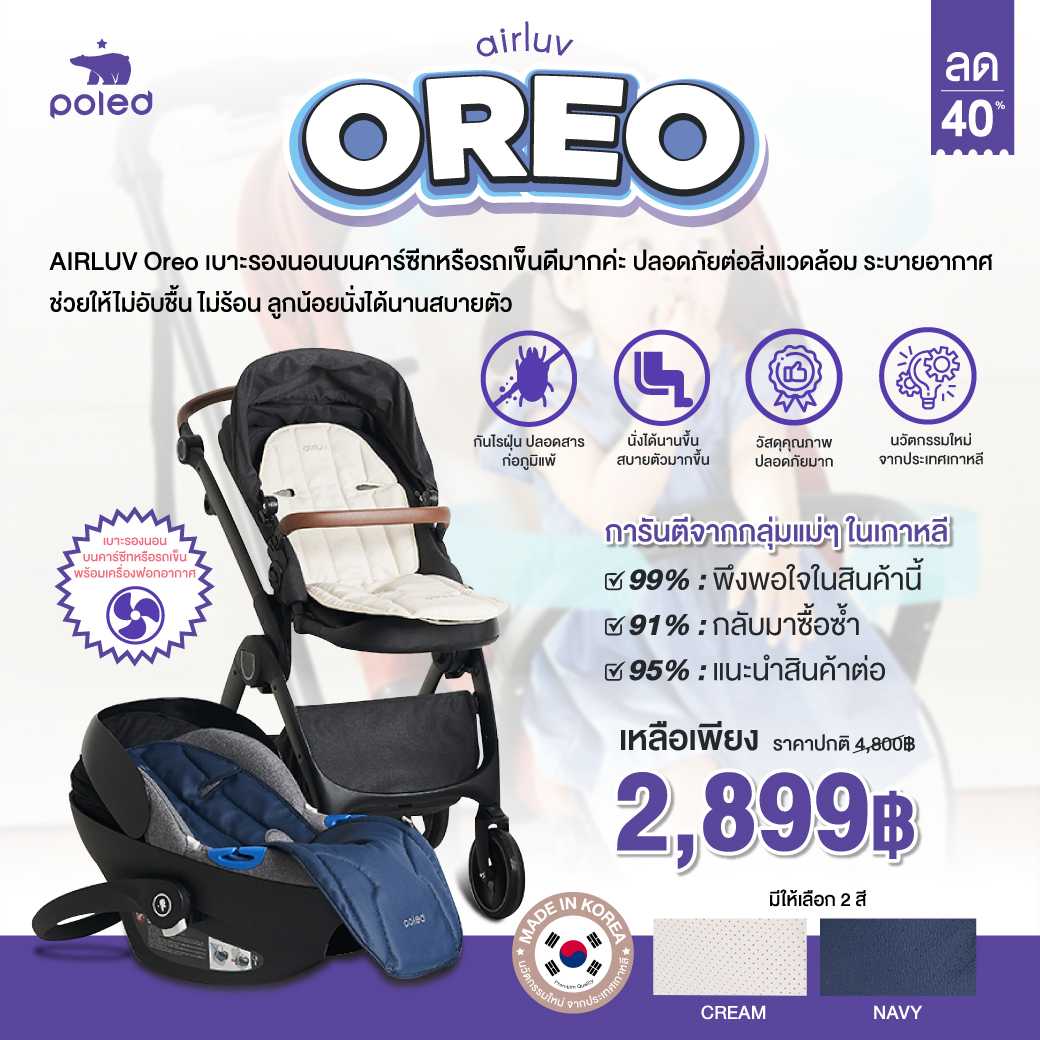 POLED AIRLUV Oreo เบาะรองนอนบนคาร์ซีทหรือรถเข็น ระบายอากาศช่วยให้ไม่อับชื้นไม่ร้อน