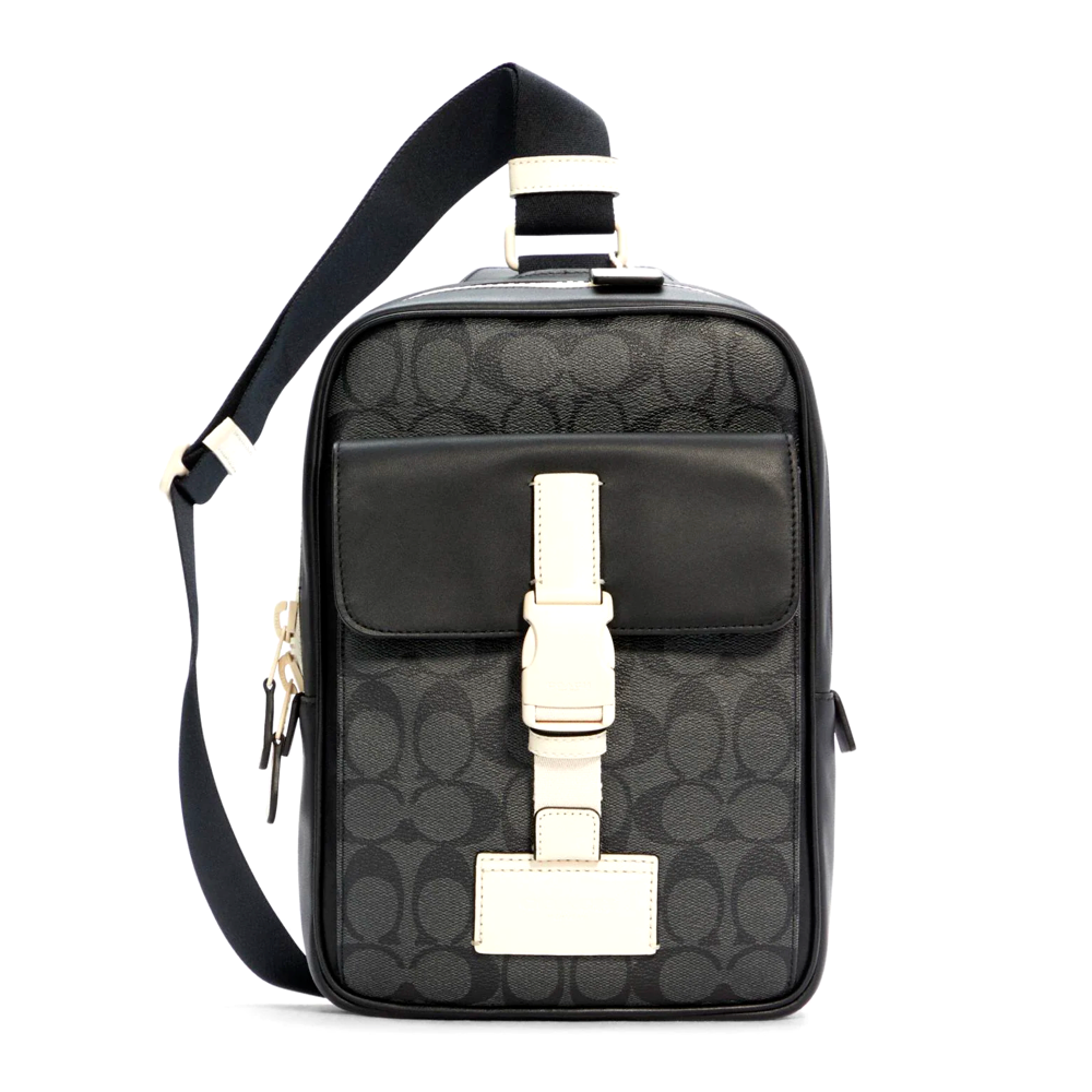 COACH แท้ COACH C6645 TRACK PACK IN SIGNATURE COATED CANVAS Charcoal Chalk