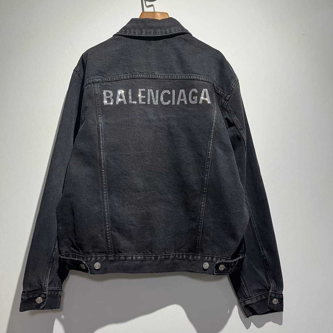 BALENCIAGA STRASS RHINESTONE LOGO OVERSIZED BLACK WASH DENIM JEAN JACKET
