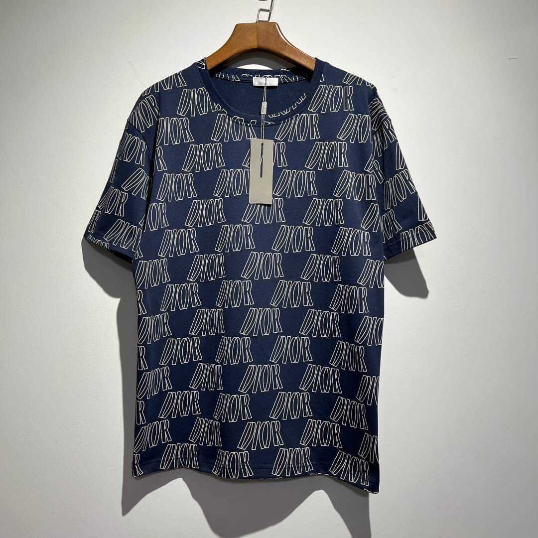 CHRISTIAN DIOR ALL OVER LOGO PRINT COTTON T-SHIRT IN NAVY เสื้อยืดคอกลมแขนสั้น แบรนด์คริสเตียนดิออร์
