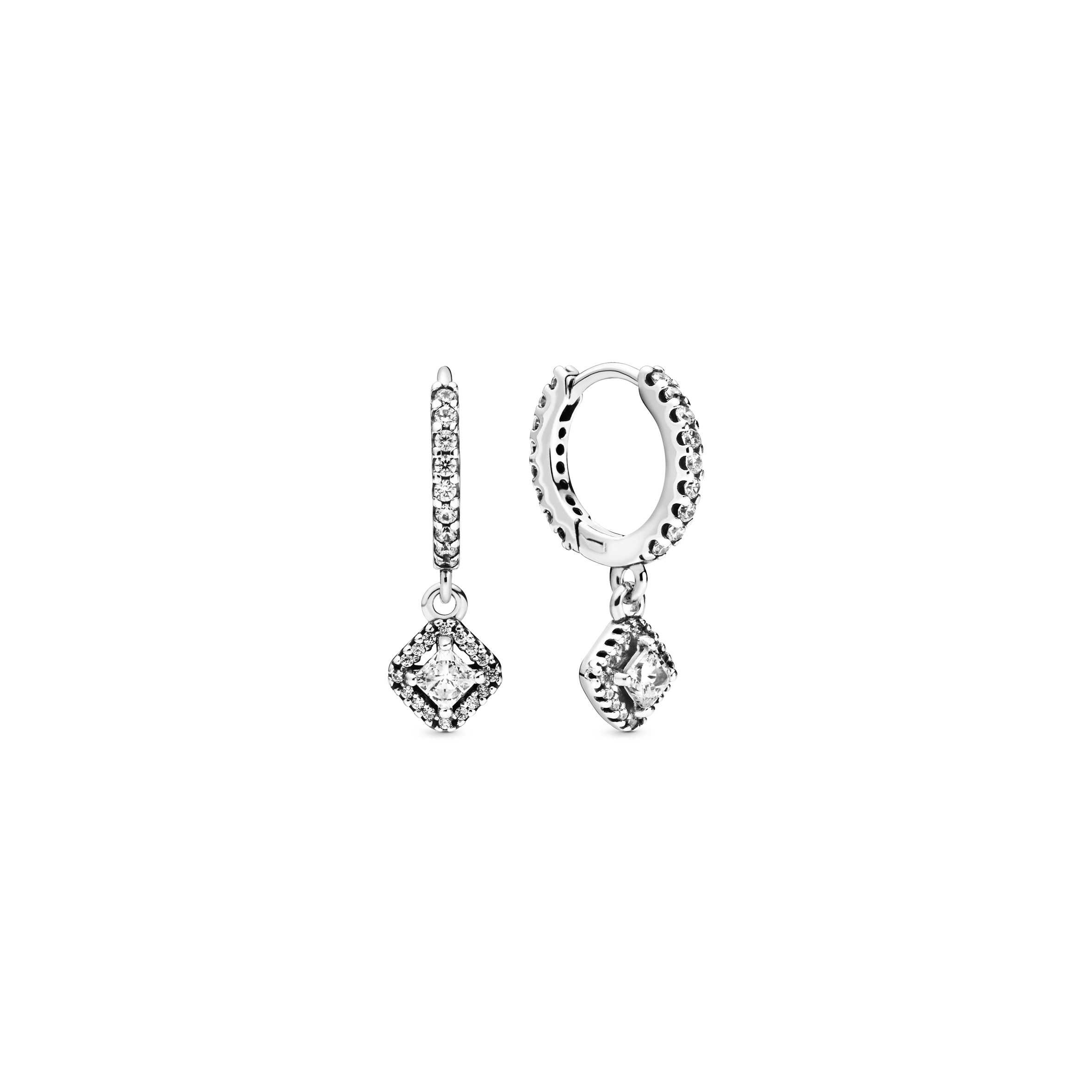 Square Sparkle Silver Hoop Earrings with CZ