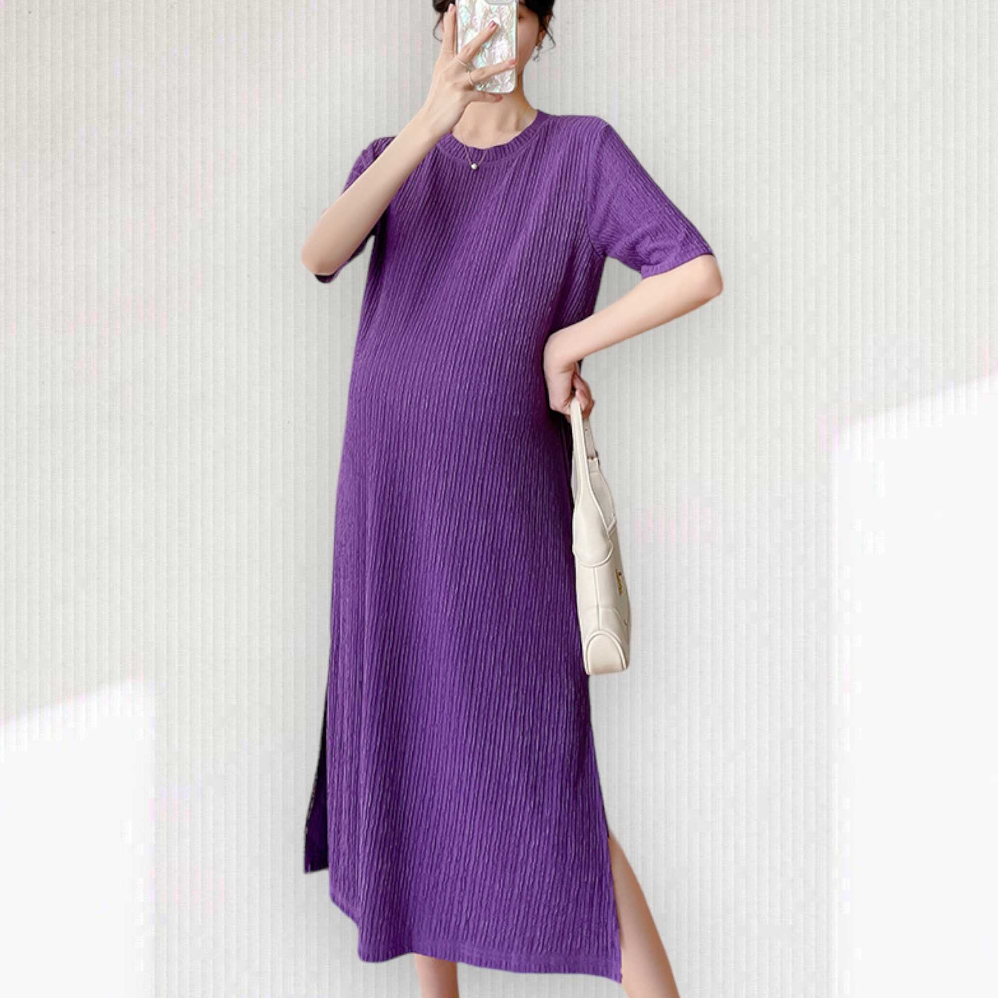 เดรสยาวสีพื้นใส่ออกงาน ใส่ทำงานแบบเรียบหรูดูดีสวยมาก - สีม่วง