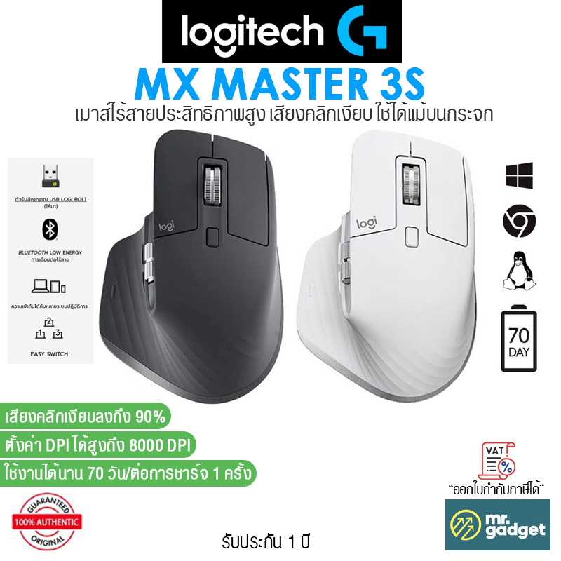 Logitech MX MASTER 3S เมาส์ไร้สายประสิทธิภาพสูง ใช้ได้แม้บนกระจก เสียงคลิกเงียบ