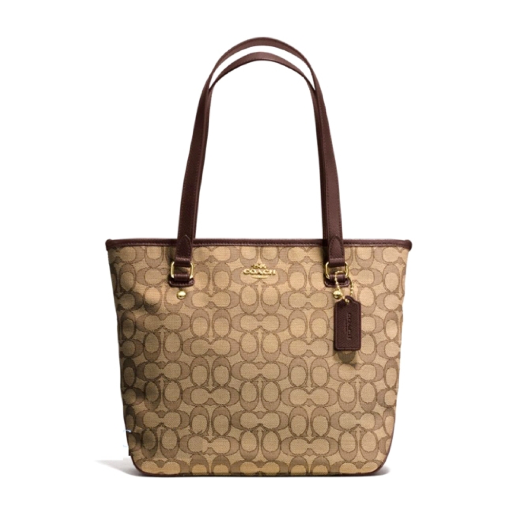 COACH แท้ COACH 58282 ZIP TOP TOTE IN OUTLINE SIGNATURE BROWN