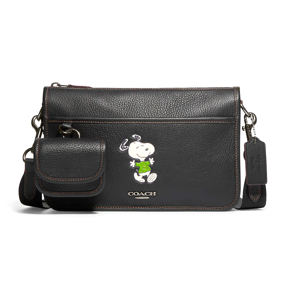 COACH แท้ CE710 Coach X Peanuts Heritage Convertible Crossbody In Leather With Snoopy Motif  Black