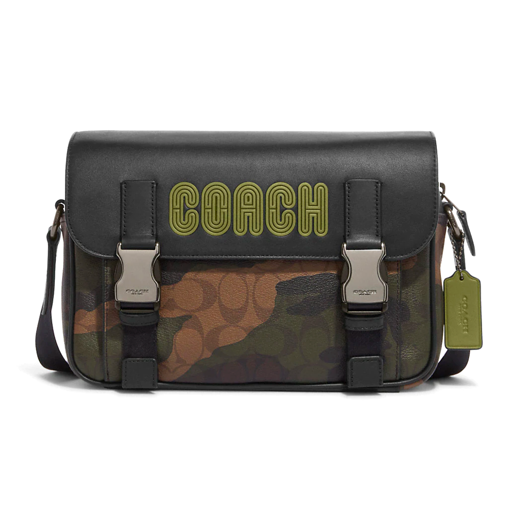 COACH แท้ CC018 Men Track Crossbody In Signature Canvas With Camo Print And Coach Patch Olive Green