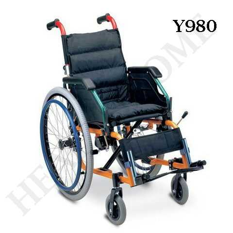 K010-Y980 รถเข็นผู้ป่วยเด็ก อลูมิเนียมอัลลอยด์ ซี่ลวด เบาะผ้า ไม่มีเบรคมือ และเข็มขัด (ส่งฟรี)