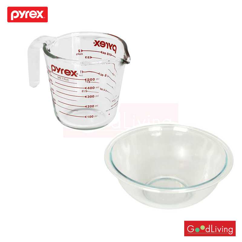 Pyrex ชามแก้ว สีขาวใส + ถ้วยตวงแก้ว 500 ml. - สีแดง รุ่น P-00-325-516-N