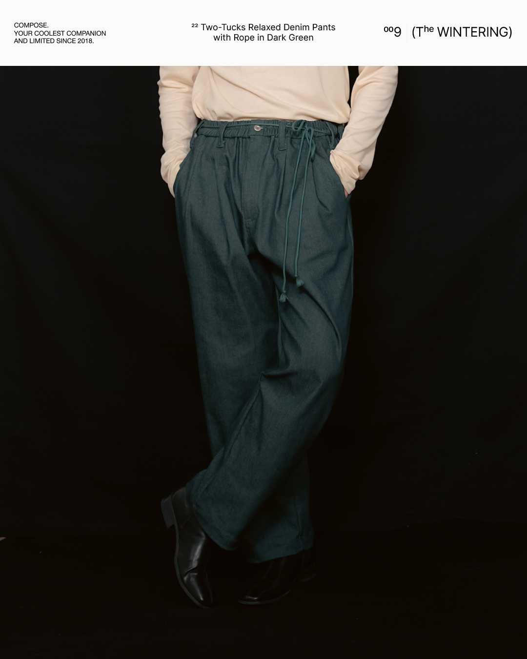 FW22/22 Two-Tucks Relaxed Denim Pants with Rope in Dark Green