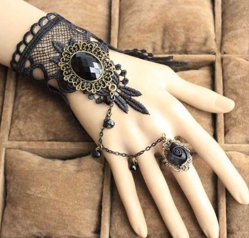 สร้อยข้อมือ สร้อยข้อมือผ้าลูกไม้ Black Lace Gothic สร้อยข้อมือพังค์ เครื่องประดับพังค์