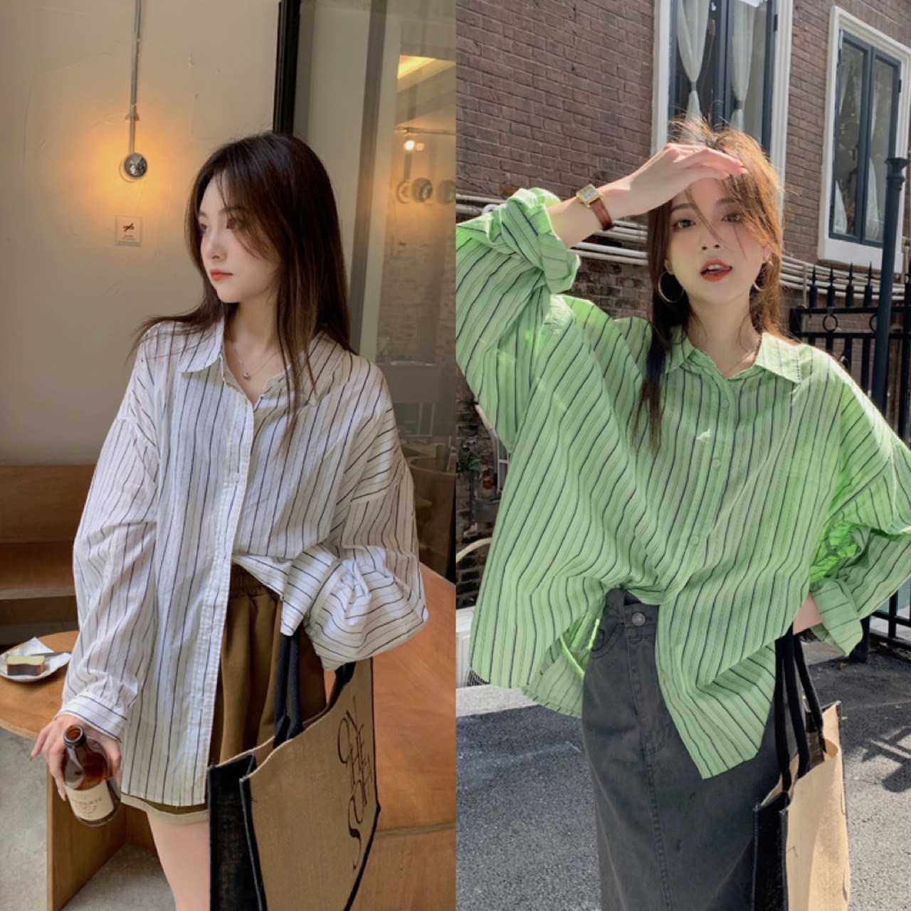 T262 เสื้อเชิ้ตแขนยาวลายทาง ทรงโอเวอร์ไซส์ พร้อมส่ง 2 สี