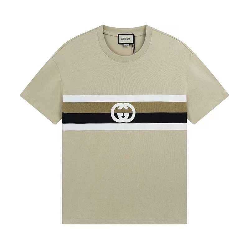 GUCCI BEIGE INTERLOCKING G STRIPE T-SHIRT เสื้อยืดคอกลมแขนสั้น แบรนด์กุชชี่ สกรีนตัวหนังสือ GG
