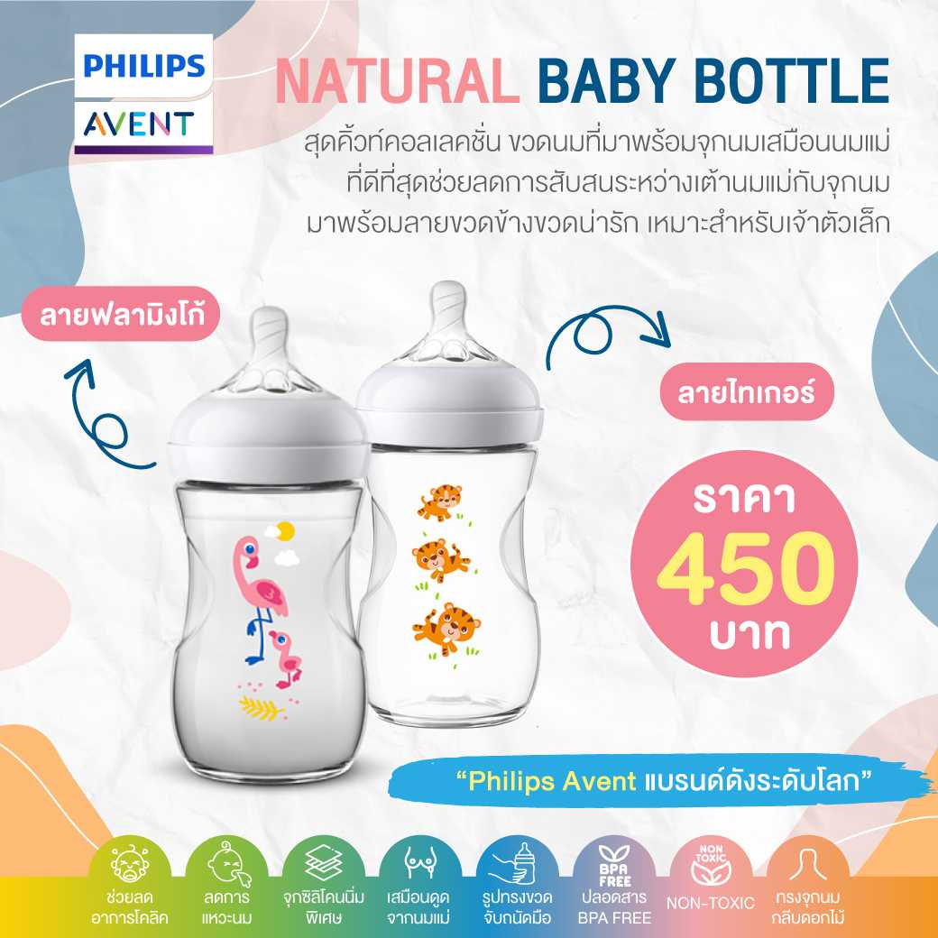 Philips AVENT Natural baby bottle 9 ออนซ์ จำนวน 1 ขวด  (สกรีนลาย) (จุก1M+) SCF627/41 และ SCF627/40
