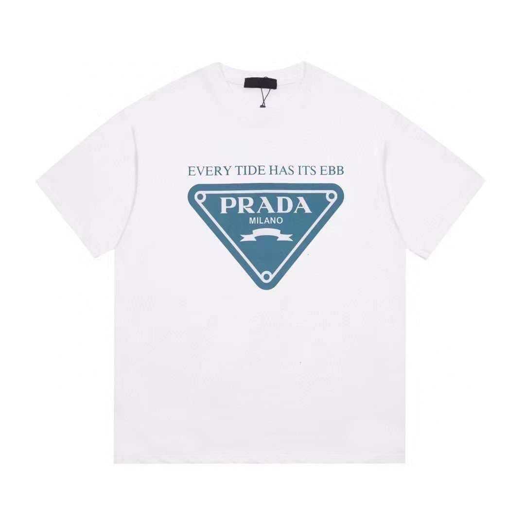 PRADA EVERY TIDE HAS ITS EBB TRIANGLE PRINTED COTTON T-SHIRT เสื้อยืดคอกลมแขนสั้น แบรนด์ปราด้า