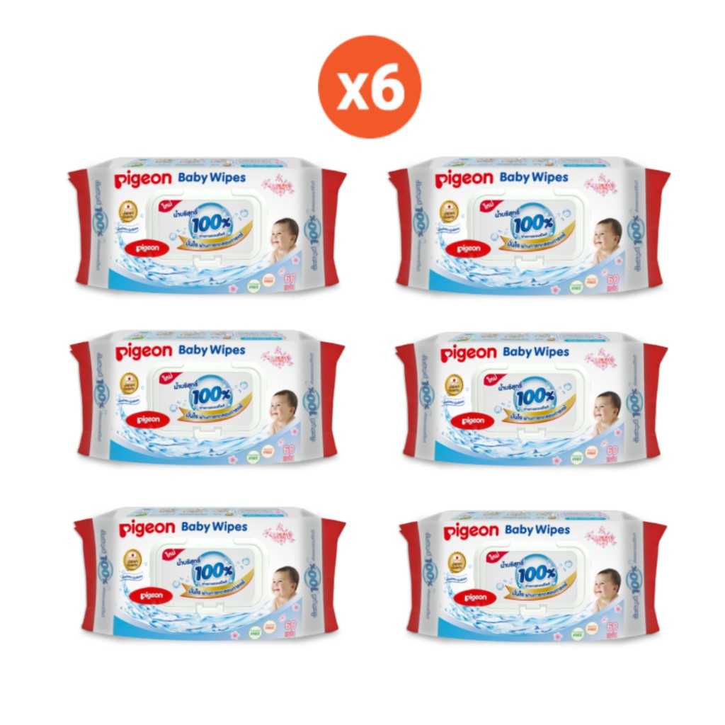 Pigeon พีเจ้น เบบี้ไวพส์ สูตรน้ำบริสุทธิ์100% ผ่านการสเตอริไลส์ผสมซากุระสกัด 60 ชิ้น value pack 6