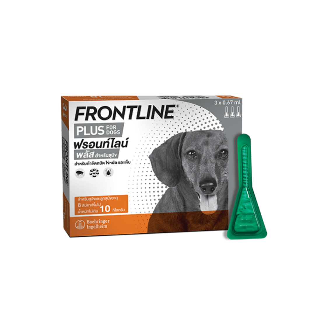 Frontline Plus ฟรอนท์ไลน์ พลัส ยาหยดกำจัดเห็บหมัด สำหรับสุนัข น้ำหนัก 5-10 กิโล (1 กล่อง, 3 หลอด)