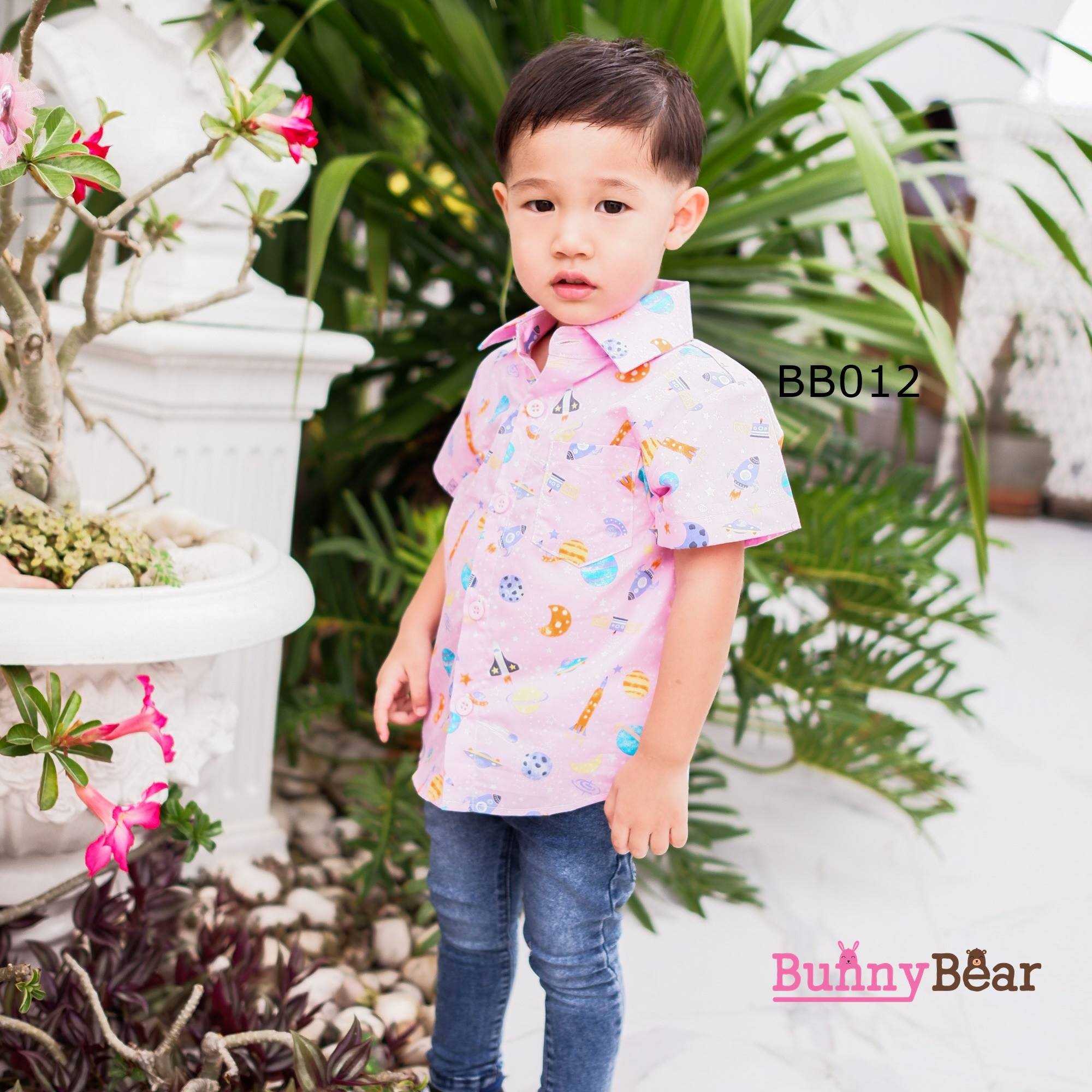 เสื้อเชิ้ตเด็กผู้ชายลายอวกาศสีชมพู