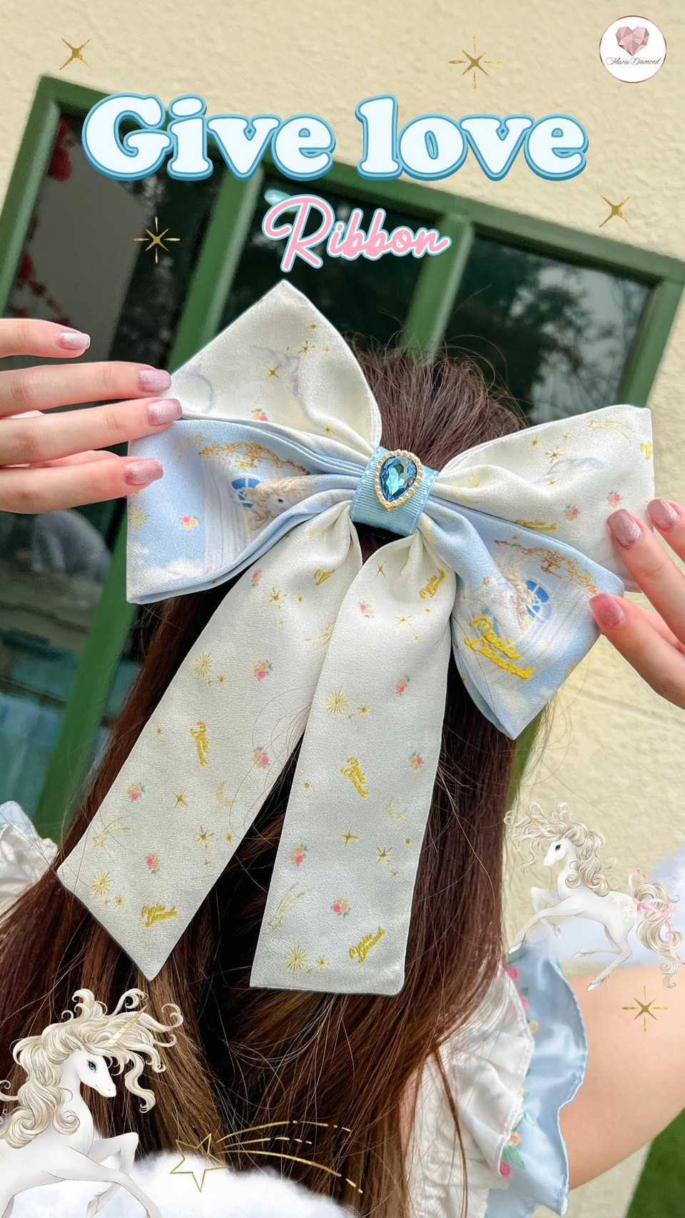 Give Love  Ribbon โบว์พิมพ์ลาย สีครีมฟ้า เเต่งเครื่องประดับสีฟ้า  ตกเเต่งทรงผมน่ารักมากๆ