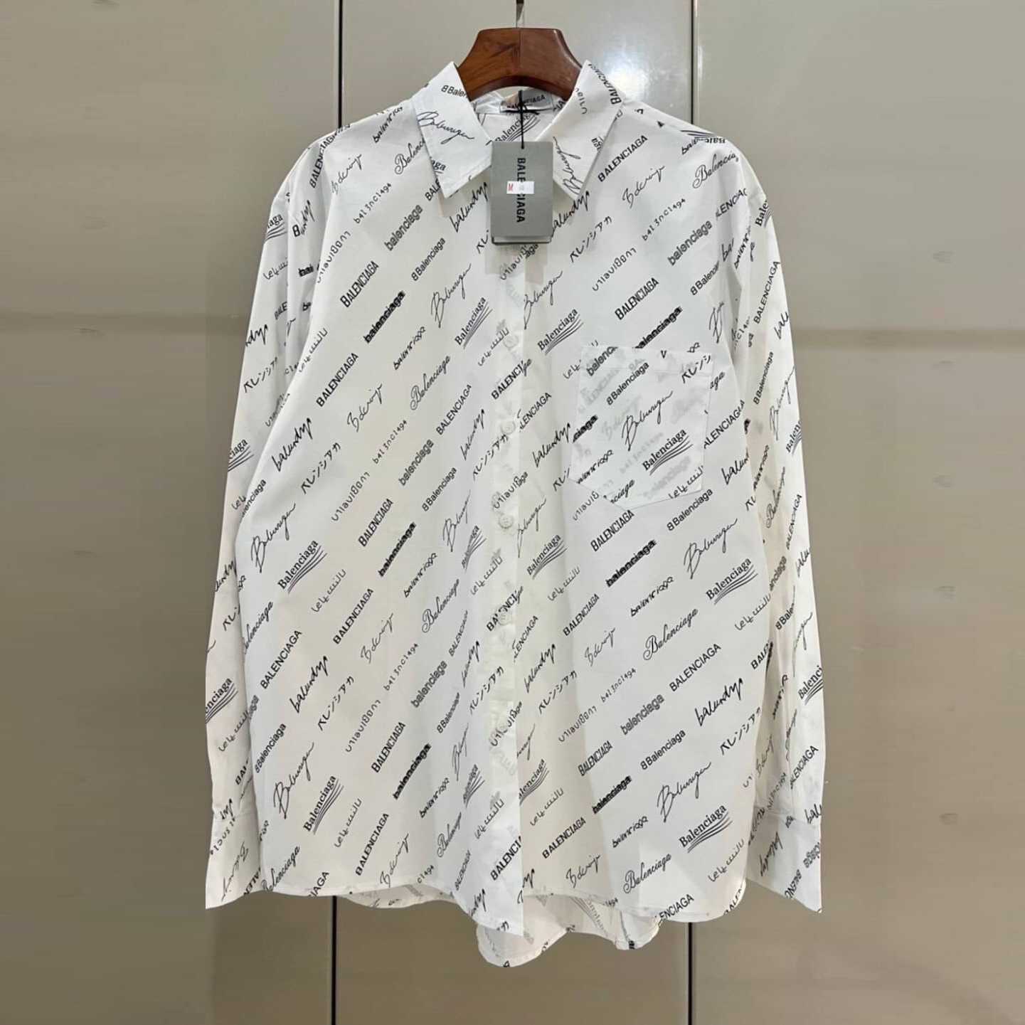 BALENCIAGA OVERSIZED LOGO-PRINT BUTTON DOWN LONG SLEEVE SHIRT เสื้อเชิ้ตบาลองเซียก้า