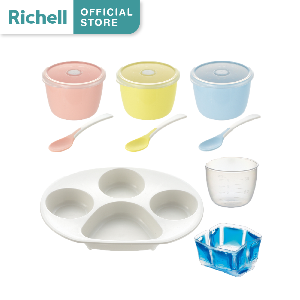 Richell(ริเชล) TLI ชุดจานหลุมฝึกทานอาหารเองสำหรับเด็ก มีจานหลุมและถ้วย 3 สี พร้อมช้อนปลายนิ่ม