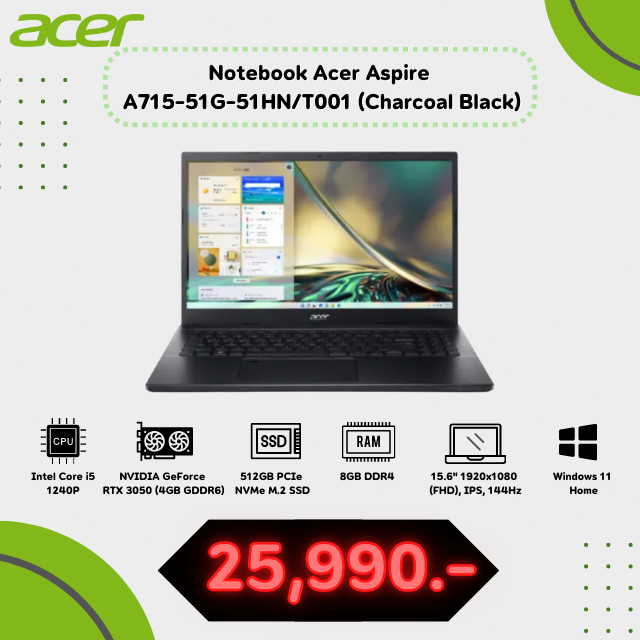 Notebook Acer Aspire A715-51G-51HN/T001 (Charcoal Black)