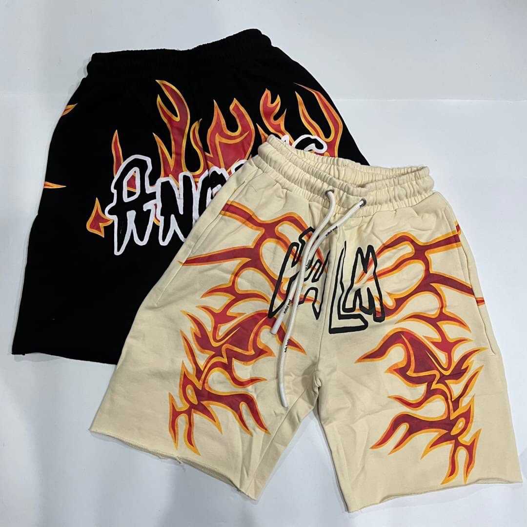 PALM ANGELS DISTRESSED FLAME SHORTS กางเกงขาสั้น แบรนด์ปาล์มแองเจิล ผ้าคอตตอน สกรีนลายไฟ