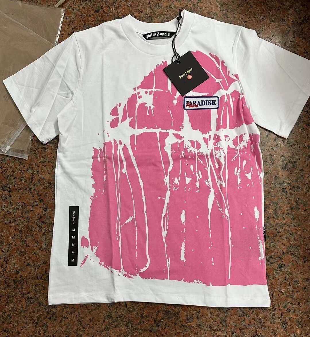 PALM ANGELS SCRAPED WALL CLASSIC LOGO-PATCH COTTON TEE WHITE PINK เสื้อปาล์มแองเจิล
