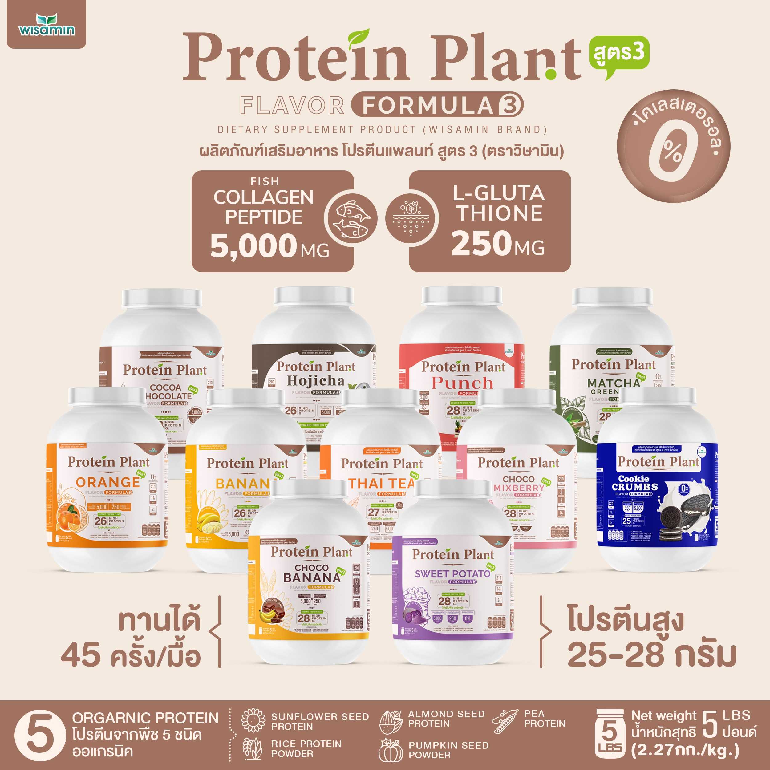 PROTEIN PLANT โปรตีนแพลนท์ สูตร 3 (มี 11 รสชาติ) ขนาด 2.27 kg./กระปุก โปรตีนพืช คอลลาเจน กลูต้าไธโอน