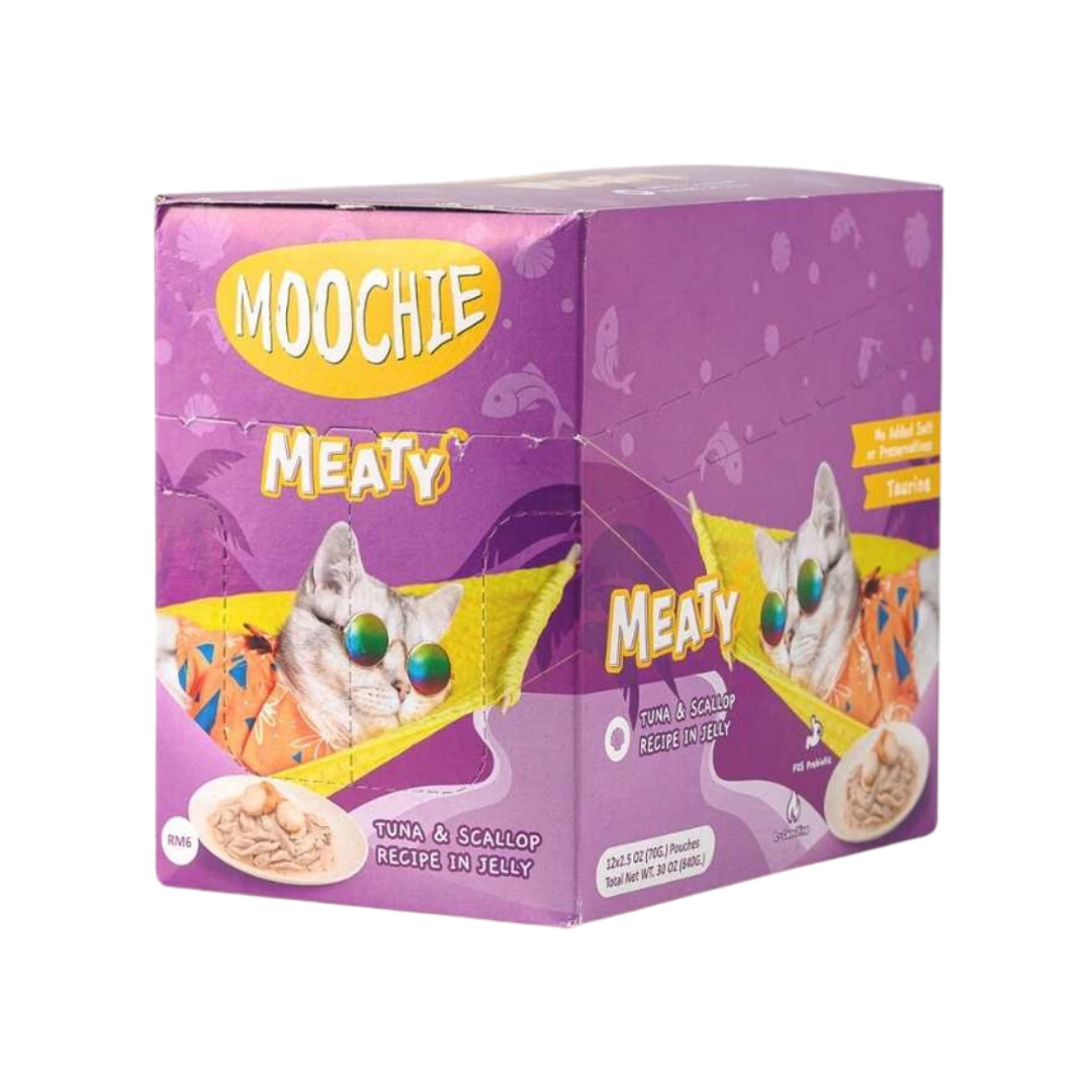 Moochie Meaty มูชี่ อาหารเปียกสำหรับแมว รสทูน่าและหอยเชลล์ เจลลี่  70 g.