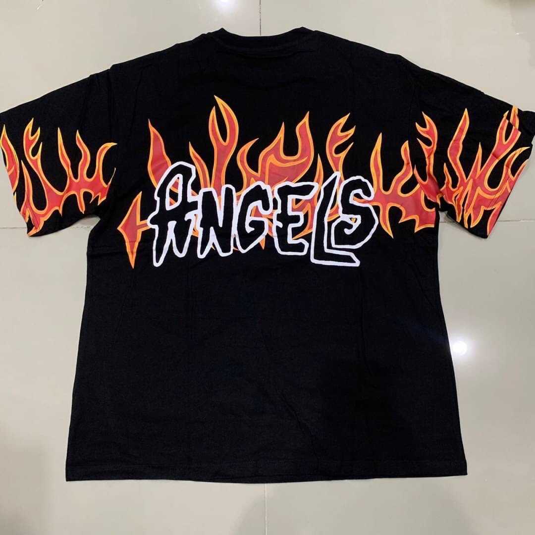 PALM ANGELS FLAME COTTON TEE เสื้อยืดคอกลมแขนสั้น แบรนด์ปาล์มแองเจิล สีดำ สกรีนตัวหนังสือ