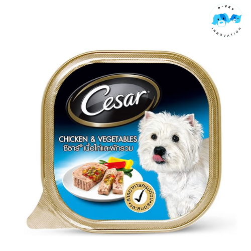Cesar ซีซาร์ อาหารเปียก แบบถาด สำหรับสุนัขโต สูตรไก่และผักรวม 100 g