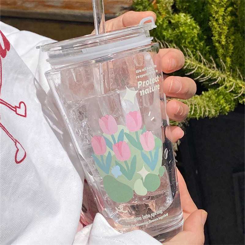 ❤️ พร้อมส่ง 🧡 แก้วน้ำลายดอกไม้ แก้วมีฝาปิด แก้วน้ำน่ารัก แก้วน้ำพร้อมหลอด ขนาด 480 มล. 🧡