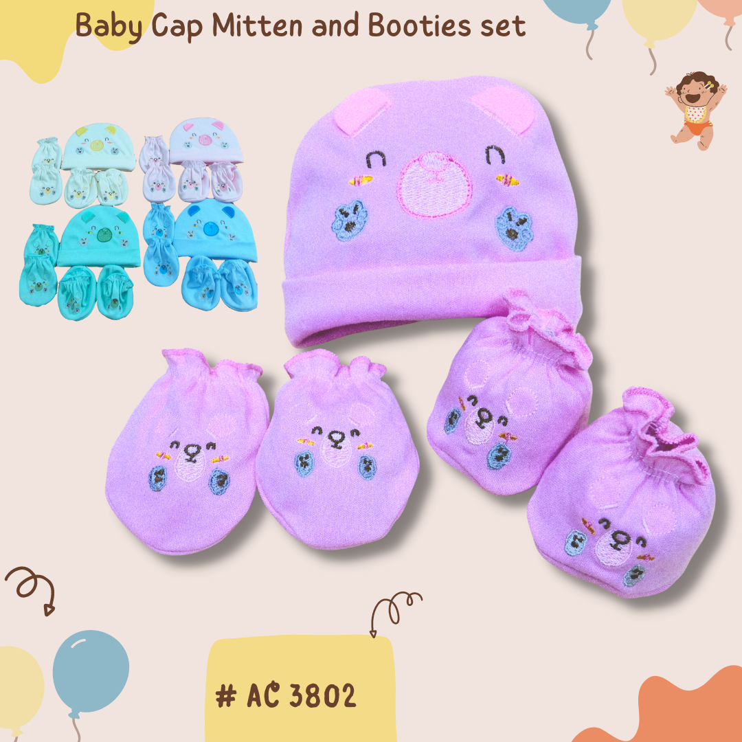 AC 3802Cap Mitten Booties set with Embroidery หมวกถุงมือถุงเท้าปัก