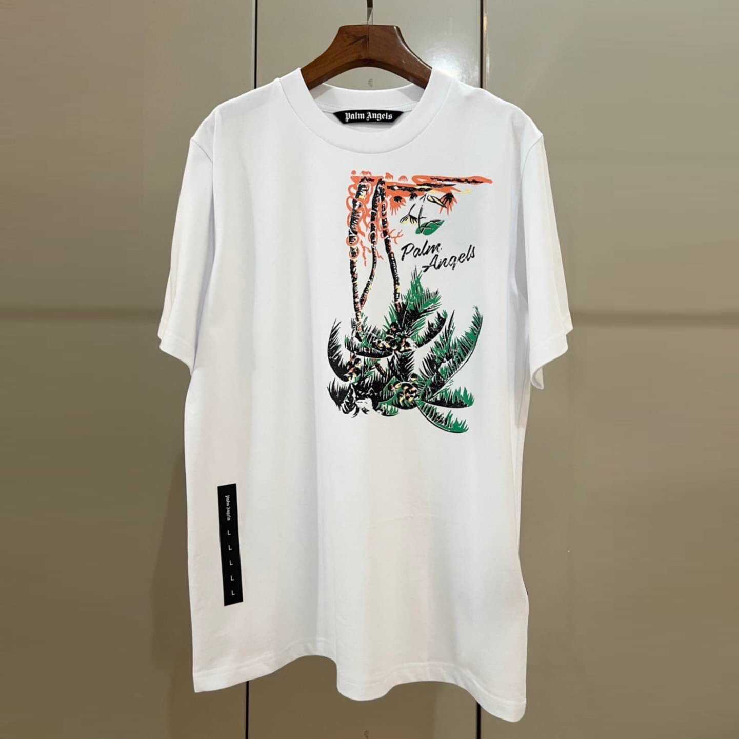PALM ANGELS WHITE UPSIDEDOWN PALM-PRINT ORGANIC COTTON T-SHIRT เสื้อปาล์มแองเจิล กลับหัว