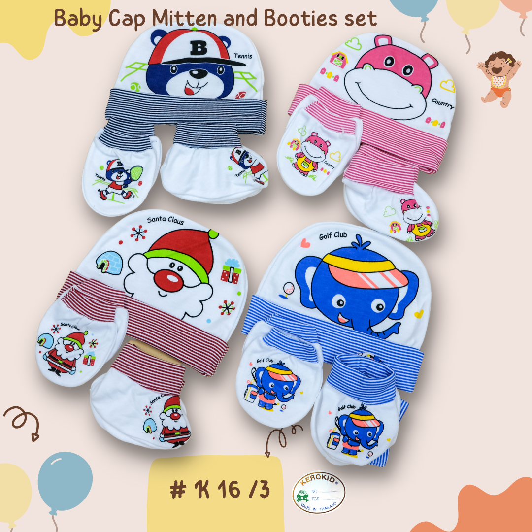 K 16/3 Kero Kids Cap Mitten Booties set ชุดหมวกถุงมือถุงเท้าพิมพ์