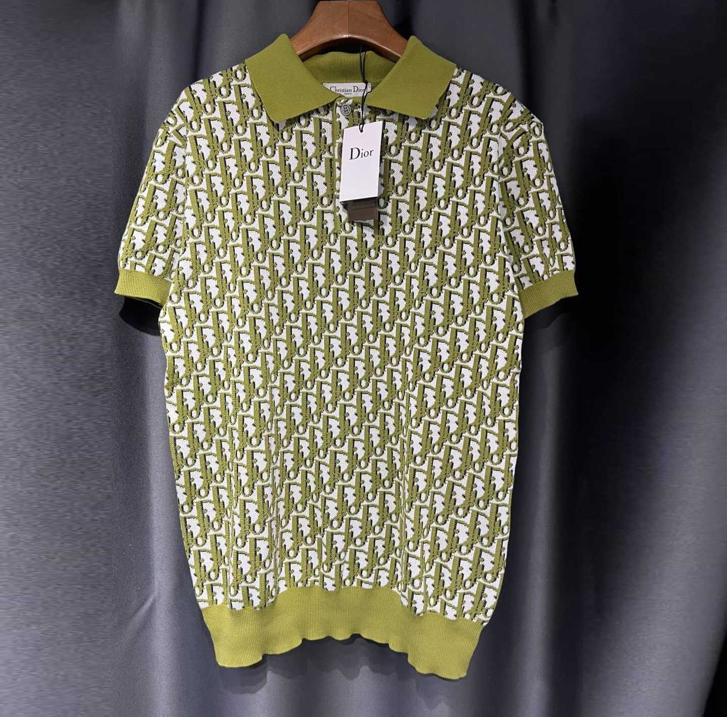 CHRISTIAN DIOR OBLIQUE POLO SHIRT GREEN COTTON JACQUARD KNIT เสื้อคอปกโปโล ผ้าไหมพรม