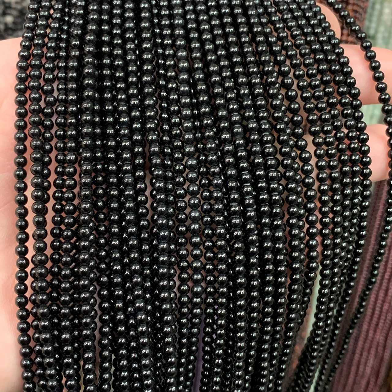 นิลเงา (Onyx) 3 mm ทรงกลม เส้นยาว
