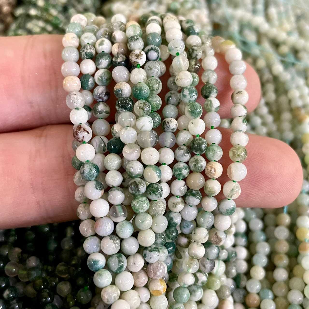 มอสอาเกต (Moss Agate) 3 mm ทรงกลม เส้นยาว